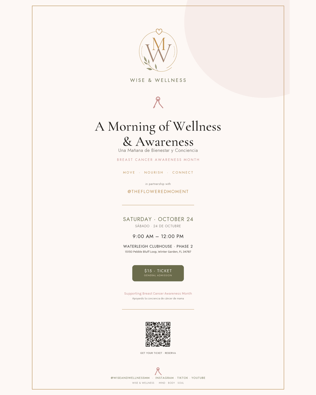 A Morning of Wellness & Awareness flyer: Move · Nourish · Connect. Breast Cancer Awareness Month with @thefloweredmoment. $15.